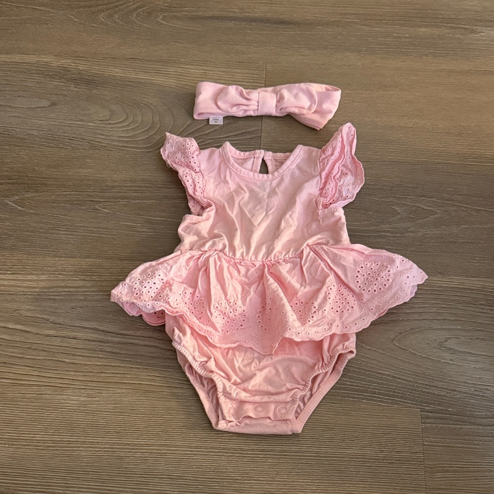 Like new little me baby girl pink ruffle dress with matching headband